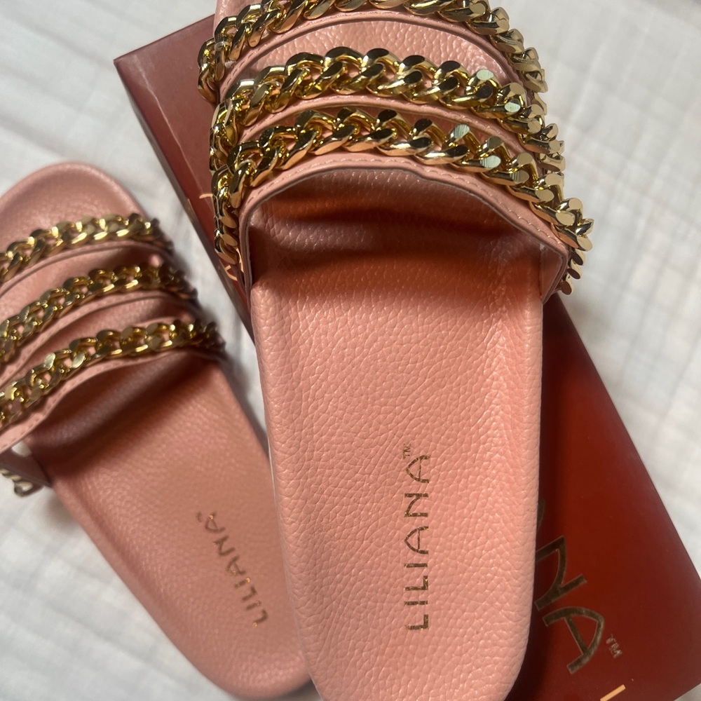 Liliana Pink Sandals with Gold Chain Accents - Picture 3 of 5